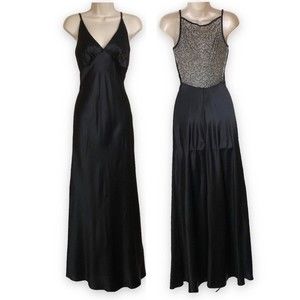 Vintage Roberta Spaghetti Strap Beaded Lace Back Full Length Black Satin Dress